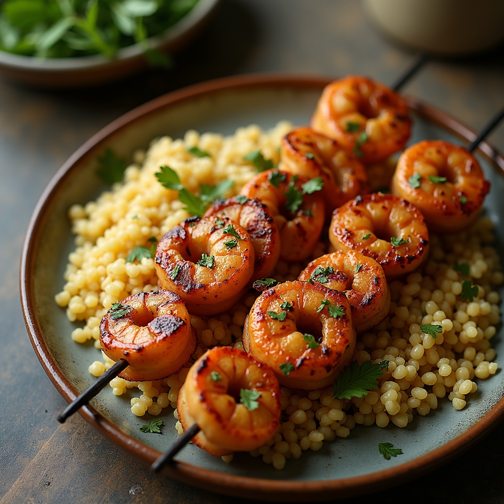 Mediterranean grilled shrimp skewers (~4 lb, frozen-thawed) + couscous + chopped salad