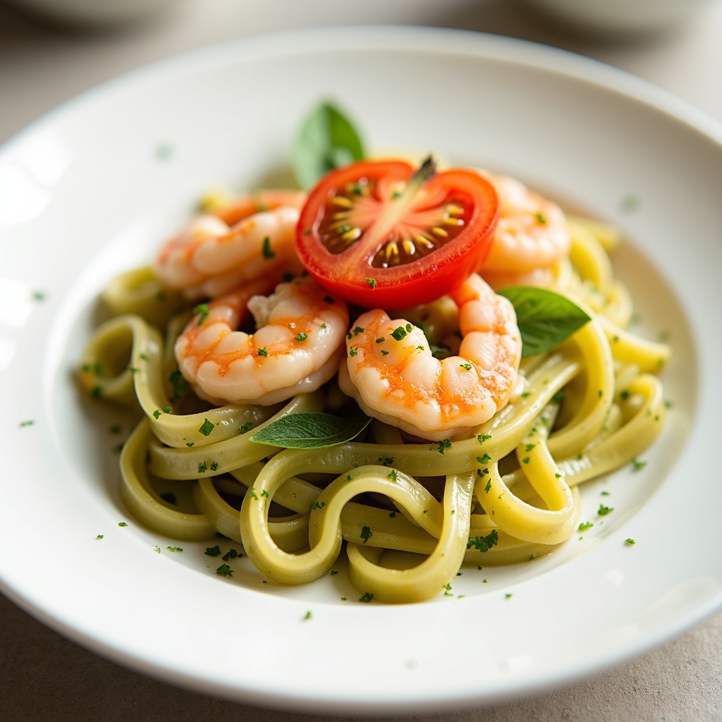 Pesto shrimp pasta (Food52) with fresh garlic-scape pesto component — light + cool for the 84F day